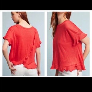 ANTHROPOLOGIE Eri + Ali Linen Ruffled Wrapped Cross Back Coral Red Top XS